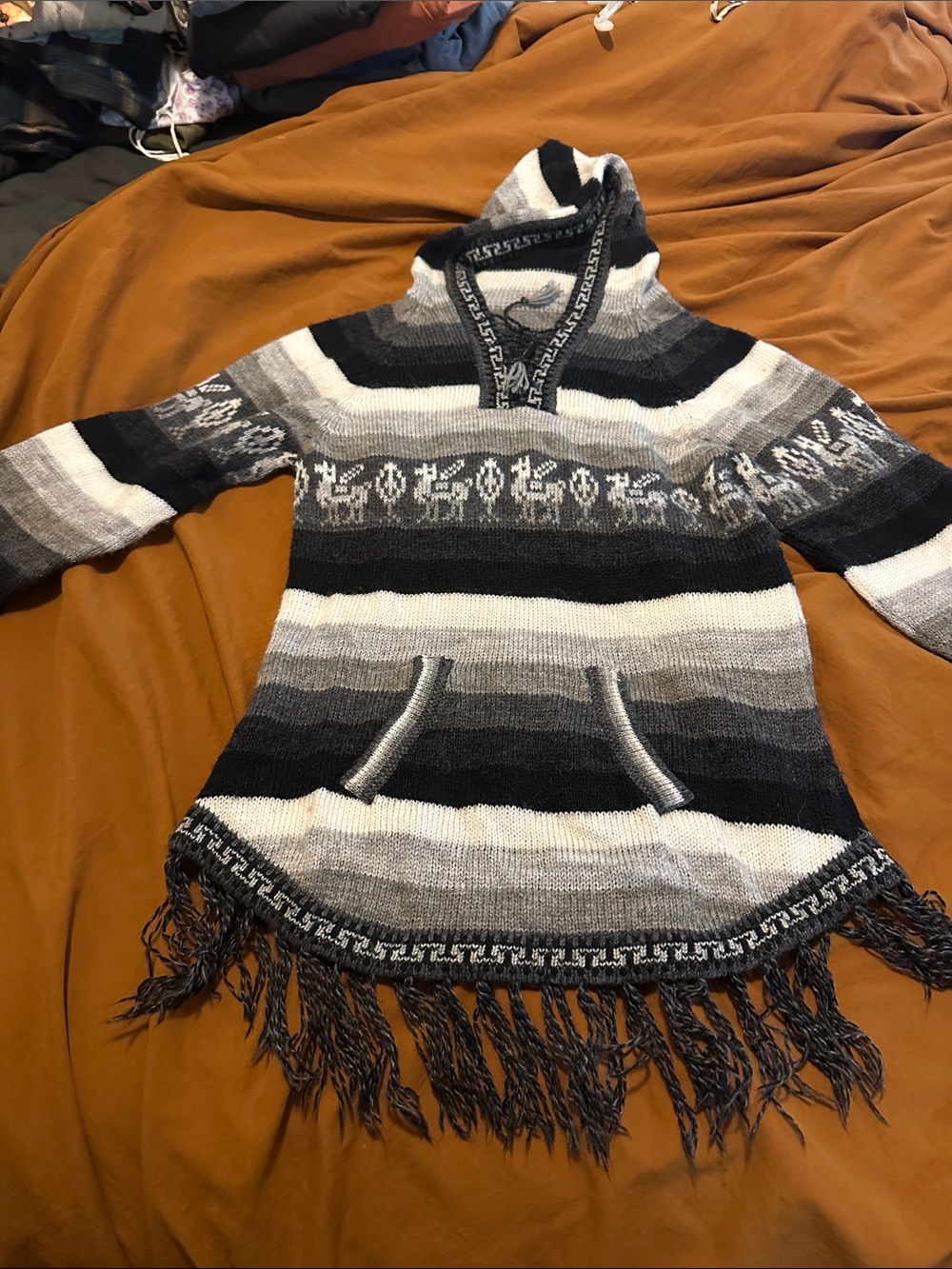 Striped Hooded Fringe Sweater - Gray/Black/White